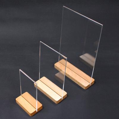 China Custom A4 A5 A6 Wooden Base Clear Acrylic Base Sign Holder Acrylic Base Insert Card Menu Holder for sale