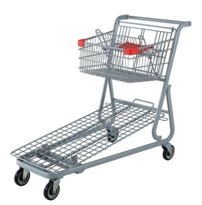 China Durable Gray Powder Zinc Metal Flat Shopping Cart Trolley With Wheels for sale