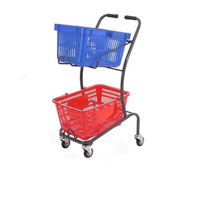 China Cheap Supermarket Push Shopping Cart Trolley High Quality Durable Japanese Style Double 2 Basket With Wheels for sale