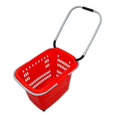 China Environmental PP And Alimunium Red Color Environmental Plastic Supermarket Shopping Basket With Handle Floor Rolling Shopping Carts With 4 Wheels 40L for sale