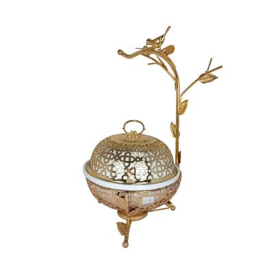 China Middle Eastern Style Hot Sale Food Grade 3 Sizes Gold Ceramic Food Warmer with Bird Handle Double Cover for sale