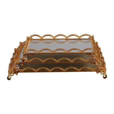 China Hot Selling Middle Eastern Style Rectangle 3 Sizes Gold Metal Serving Tray Middle Eastern Style Mirror Glass Tray For Sale for sale