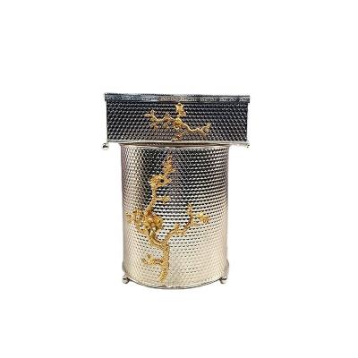 China Large Metal Livable Hotel Office Trash Can Silver Flower Design Waste Bins Kitchen Trash Tissue Box With Trash Can Set For Decor for sale