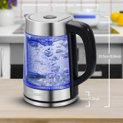 China 360 Degree Glass Base 1.7L LED Electric Water Kettle Blue Cordless Spinning Double Light Wall for sale