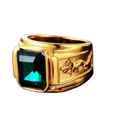 China Hiphop Mens Green Crystal Gold Plated Stainless Steel Rings for sale