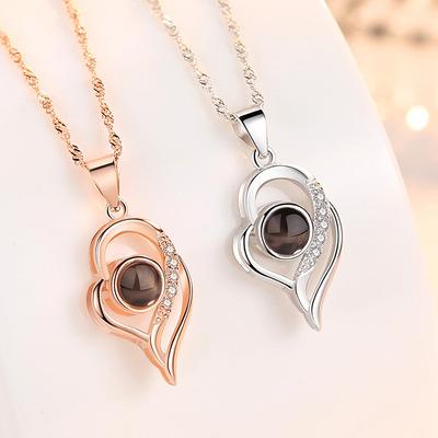 China Hot Sale Romantic Kolye 925 Sterling Silver 100 Languages ​​Heart Necklace Valentine's Day Gift Couples I Love You for sale