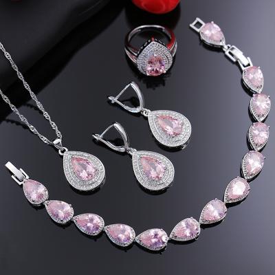 China Romantic High Quality Luxury Bridal Jewelry Set 4 Sets Zircon Wedding Water Drop Shape Necklace Earrings Ring Sets SL-JSC011 for sale