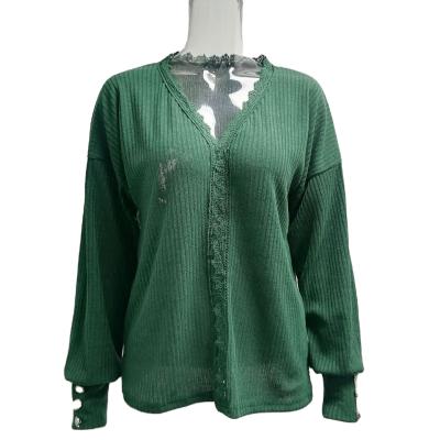 China New Autumn and Winter Lace V-Neck Sweater QUICK DRY Sweater For Girls Solid Color Loose Long Sleeve Sweater for sale