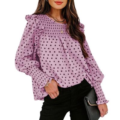 China New QUICK DRY Chiffon Ruffled Lantern Sheath Round Neck Blouse Long Sleeve Women for sale