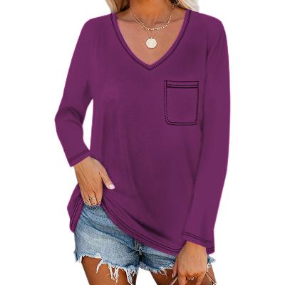 China New autumn and winter V-neck pocket T long sleeve blood QUICK DRY female clothing for sale