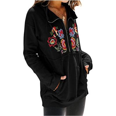 China Floral Embroidery Anti-pilling Zipper Lapel Half Autumn Sweater for sale