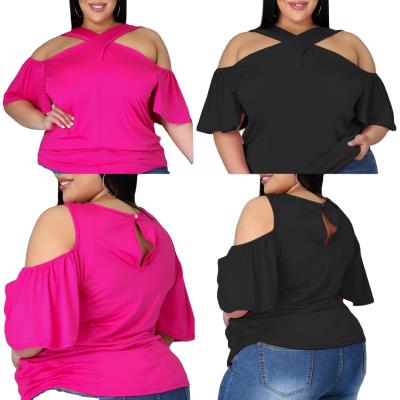 China Anti-pilling hot sale 2021 plus size 3xl cross collar off the shoulder tee women's casual loose strapless short sleeve solid color T-shirts for sale