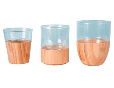 China Modern high borosilicate heat resistant glass mug, over-layer insulated tea cup, bamboo water bass cup for sale