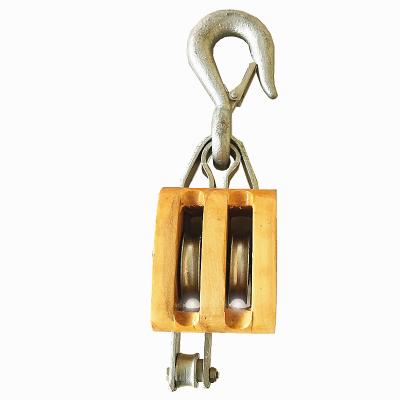 China DOUBLE REGULAR WOODEN BLOCK PULLEY WITH 800-8000LBS HOOK 3 TO 12 INCHES FOR ROPE for sale