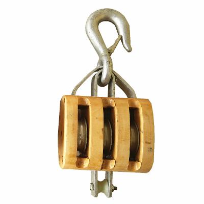 China WOODEN BLOCK REGULAR TRIPLE PULLEY WITH 1200-10000LBS HOOK 3 TO 12 INCHES FOR ROPE for sale