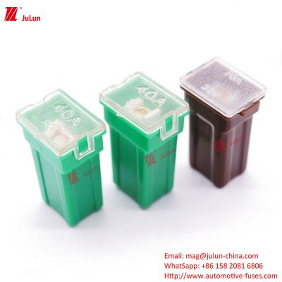 China Car Square Fuse Pequeño inserto Mini Mediano Gran Corriente 20A30A40A50A60A Piso corto Piso largo 32V caja de fusibles en venta