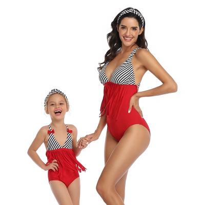 China Breathable Custom Parent-Child Cross Strap Swimsuit Printed High Waist Bikini Mother And Daughter Fringed Beach One Piece Swimsuit for sale