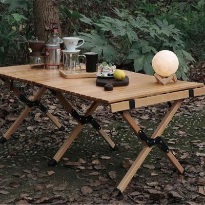 China Outdoor Luxury Wooden Portable Folding Picnic Table Cylinder Desktop Camping Wood Folding Table with Storage Bag for sale