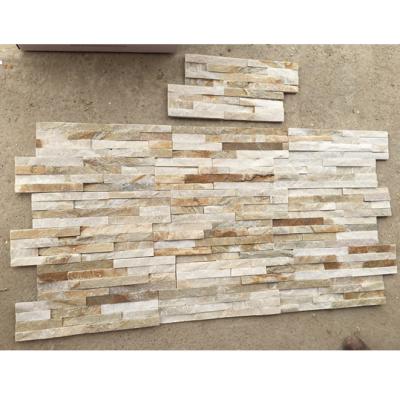 China Modern Natural Interesting Beige Thin Slate Stone Wall Bricks Tile 18X35cm With Interlocking for sale