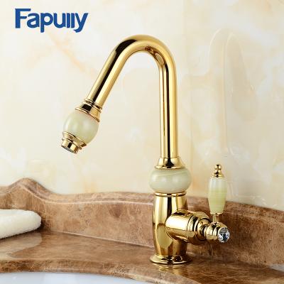 China Fapully Metered Faucets Cheap Cold-Hot 360 Degree Swivel Deck Mounted Torneiras Jade Gold Finish Basin Faucet for sale