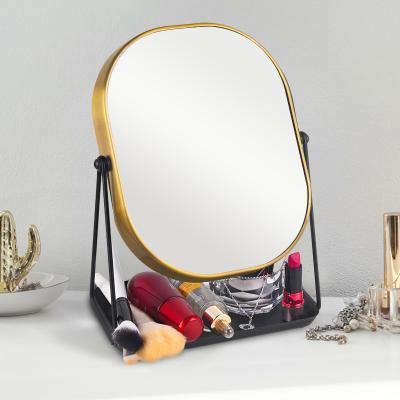 China Special Table Magnifying Desk Form Gold Plating Vanity Decor Mirror With Cosmetic Tray Jy 001 for sale