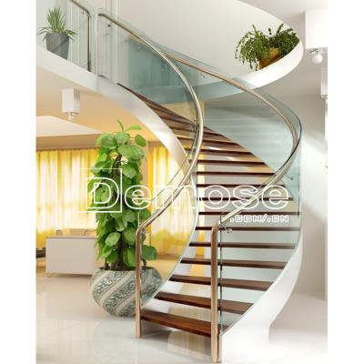 China Residentail escaleras/office grand staircase/showroom stainless steel fence indoor residential curved stair treads with glass armrest for sale