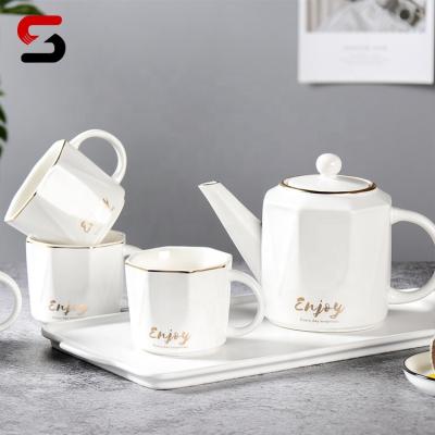 China EGRAND Logo Custom Viable Ceramic Teapot Porcelain Coffee Sevring White Color Glazed Ceramic Teapot Set Of 4 for sale