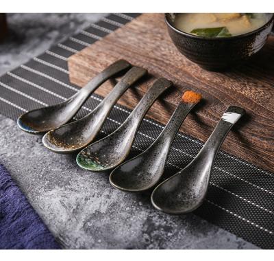 China 14cm Japanese Style Sustainable Throw Glazed Ceramic Dinnerware , Porcelain Soup Spoon Set For Restaurant Hotel Home Use for sale