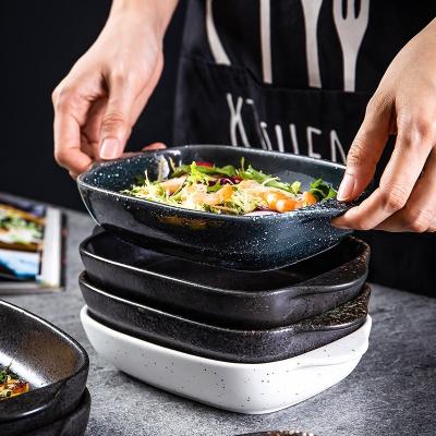 China Large Viable 9 Inch Ceramic Baking Dish Japanese Tray Retro Binaural Baking Rice Sushi Dish for sale