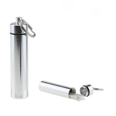 China Portable Waterproof Toothpick Holder Metal Pill Carrier Pill Box Metal Toothpick Key Chain for sale