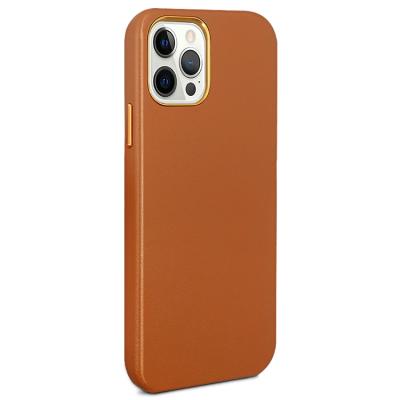 China Full Wrapped Anti-drop Style Metal Button Genuine Leather Phone Case For iPhone 13 for sale