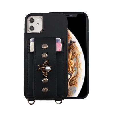 China New Design Anti-drop Cross - Body Leather Kickstand Phone Case With Card Slot Hand Strap Case For iPhone 12 for sale