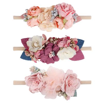 China China Eco-Friendly Goods Wholesale Baby Head Wrap Chiffon Flowers Toptim Newborn Infant Soft Nylon Headbands for sale