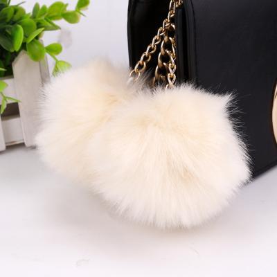 China Women's Stunning Metal Pom Pom Double Puff Ballscar Keyring Fashion Rabbit Hair Hair Pompom Quality Key Chain for sale