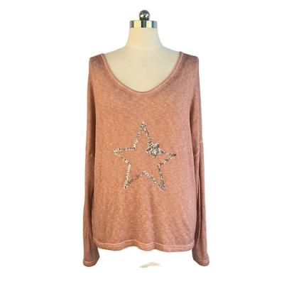 China Ladies Fashion Fried Color Knitted Star Sequin Breathable V-Neckline Embroidered High Quality Casual Temperament Long Sleeve Double Sleeve T-shir for sale