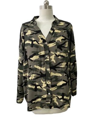 China 2021 New Style Casual Loose Camouflage Breathable Rayon Sleeve Sequin Shoulder Sleeve Design Women Adjustable Shirt Blouse for sale