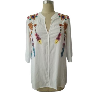 China 2021 New Fashion Women's Loose V-Neck Blouse Shirt Wholesale Women's Temperament Breathable Casual Ladies Embroidered Half Sleeve Shirt for sale