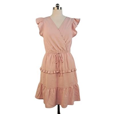 China Anti-wrinkle Ladies Ruffled V-Neckline Short Waist Puff Sleeve French Short Dress for sale