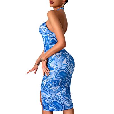 China 2022 fashion plus size women's breathable slit halter open evening dress casual print bodycon backless sexy dresses for sale