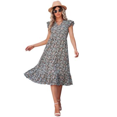 China 2022 Fashion Breathable V-Neck Women Beach Ladies Girls Flower Sexy Floral Dresses Plus Size Chiffon Ruffle Dresses Casual Dresses for sale