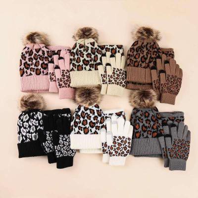 China COMMON Wholesale Knit Scarf Three Piece Leopard Animal Print Knit Faux Fur Pom Beanie Hat Scarf Knit Scarf for sale