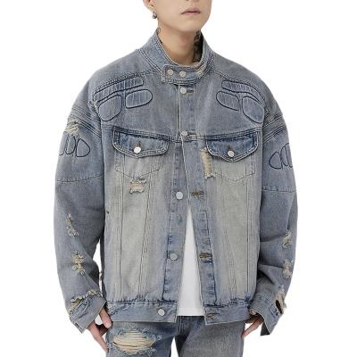 China Breathable American fashionable brand motorcycle stand collar ripped loose design fashionable sense denim jacket men's brand oversized jacket for sale