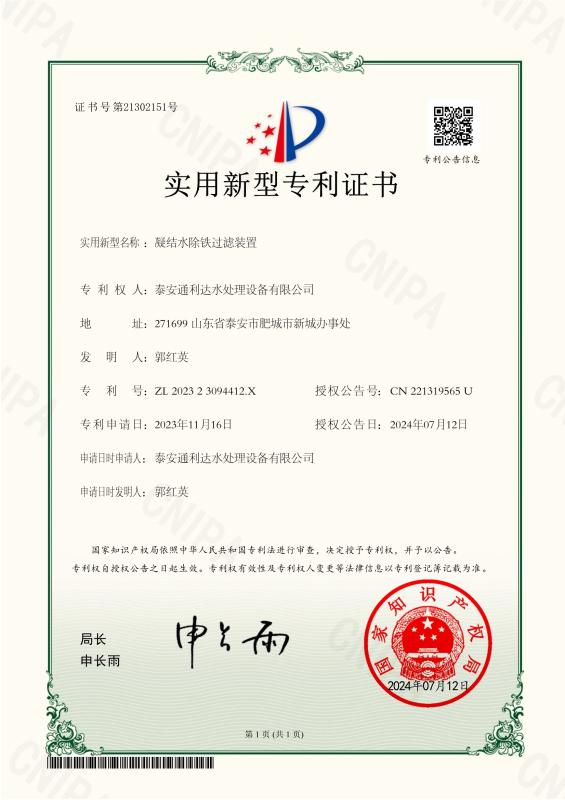 Patent certificate:Condensate iron removal and filtration device - Shandong Tonglida Heavy Industry Machinery Co., Ltd.