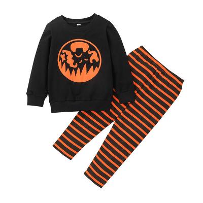 China Casual Ready To Ship Baby Boy Girls Cotton Halloween Outfits Toddler Pumpkin Printed Tops Clothes Sets for sale