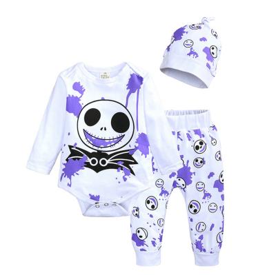 China 2020 Anti-wrinkle new style Halloween boutique three-piece set skull pattern cotton knitted baby clothes set for sale