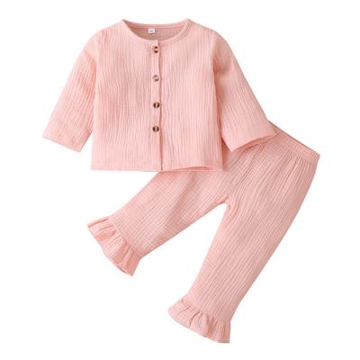 China Anti-wrinkle Chiffon Pajamas Baby Solid Spring Autumn Long Sleeve Shirts And Ruffle Pants Girls Clothes 2PCS Set for sale