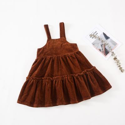 China Breathable hot sale spring and fall kdis clothes velvet suspender girl dresses sheer brown ruffle dresses for sale