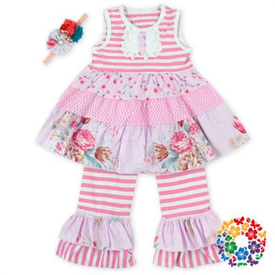 China Casual In Stock 0-7 Years Baby Clothing Set Sleeveless Floral Striped Dress+Ruffle Pants Outfits for sale