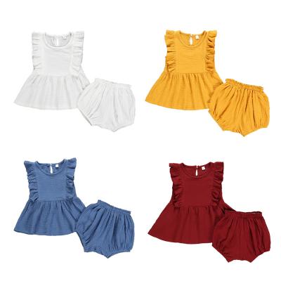 China New Fashion Girl Summer Casual Children's Wear Solid Color Fly Sleeve Dress and Shorts Suit Two Sets for sale