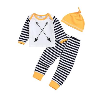 China 2019 new casual baby yellow three-piece hat with long sleeves and arrow stripes with round collar autumn newborn clothing set for sale